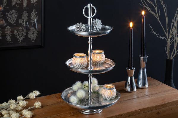 Three Tier Cake Stand Orient 47cm Hammered Aluminium Silver