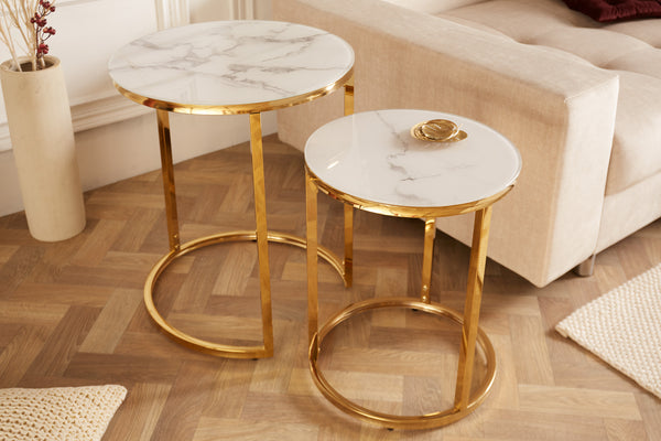 Side Table Elegance Set of 2 White Marble Gold Round