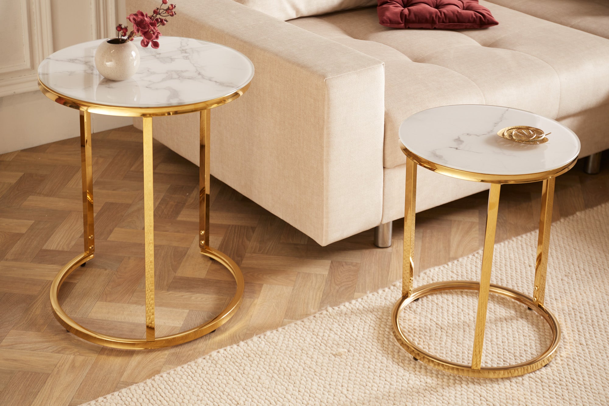 Side Table Elegance Set of 2 White Marble Gold Round