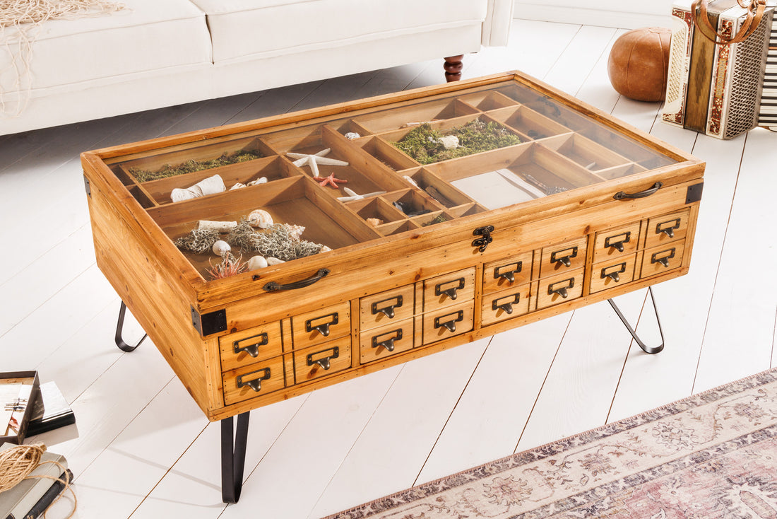 Coffee Table Galileo 100cm Fir Wood Natural Glass with Drawers