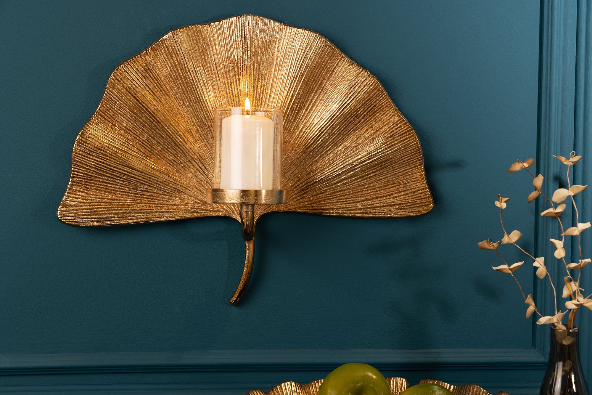 Decorative Wall Candlestick Ginkgo 44cm Metal Gold